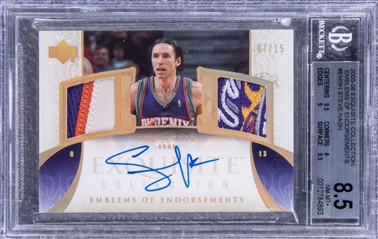 2005-06 UD "Exquisite Collection" Emblems of Endorsements #EESN Steve Nash Signed Game Used Patch Card (#07/15) - BGS NM-MT+ 8.5/BGS 10